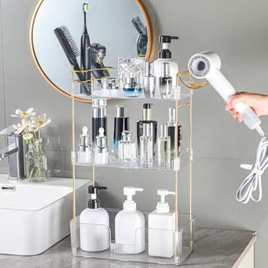 shuang qing Bathroom Counter Organizer with Hair Dryer Holder, Hair Tool Countertop Storage, Cosmetics Skincare Shelf Organizer, Makeup Organizer Perfume for Dresser Vanity Tray(3 Tier-White) - Image 8