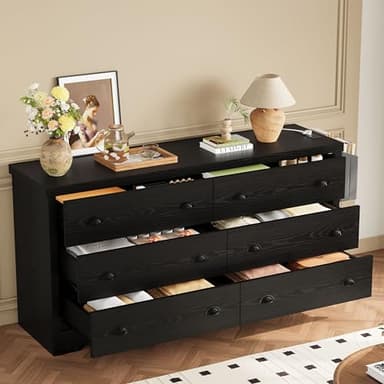LIKIMIO Dresser for Bedroom 6 Drawer with Charging Station, TV Stand Storage Chest of Drawers for Living Room Hallway Entryway, MDF Board, 59 Inches Black - Image 12
