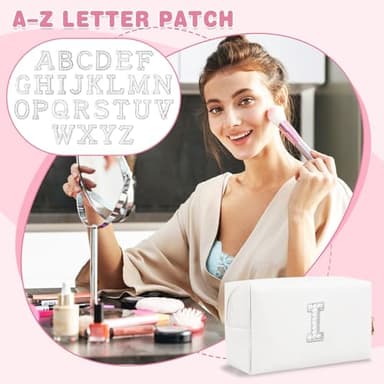Bride Gifts – Personalized Initial Makeup Bag with Pearl Rhinestone Patch, Preppy White Monogram Cosmetic/Toiletry Pouch, bridesmaid Gifts, Bridal Shower Gifts, Wedding Gifts, Bridal Gifts,I - Image 7