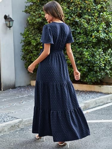 MASCOMODA Women Boho Swiss Dot Maxi Dresses Wrap V Neck Flutter Short Sleeve Solid Tie Waist A Line Tiered Flowy Long Dress(Navy,X-Large) - Image 5