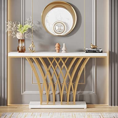 Tribesigns 59 inch Gold Console Table, Modern Entryway Table with Grid-Shaped Metal Base for Entrance, Hallway, Entryway, Living Room(White Faux Marble & Gold) - Image 4