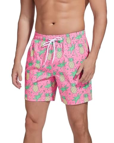 SILKWORLD Mens Swim Trunks with Compression Liner Quick Dry Bathing Suit with Zipper Pockets, Pink Pineapple, Large - Image 2