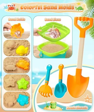 DUDUCOFU Collapsible Beach Sand Toys for Kids Toddlers, Collapsible Sand Bucket with Sifter Shovels Set with Mesh Bag and Sand Molds, Travel Beach Sandbox Toys for Boys Girls 3 4 5 6 7 8 9 10 - Image 6