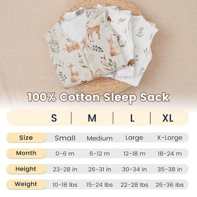 PHF Soft Baby Sleep Sack 6-12 Months 100% Organic Cotton Wearable Blanket, 2-Way Zipper 0.5 TOG Toddler Sleeping Sack 3 Pack, Comfy Sleep Bag for Baby Boys Girls, Woodland (Medium) - Image 6