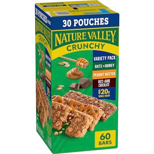 Nature Valley Crunchy Granola Bars Bulk Variety Pack, Oats 'n Honey, Peanut Butter & Oats 'n Dark Chocolate, 30 Two-Bar Wrapped Pouches (60 Bars Total), Whole Grain, No Artificial Flavors, 44.7 OZ - Image 1