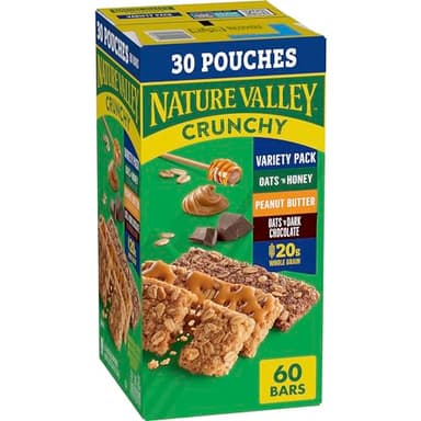 Nature Valley Crunchy Granola Bars Bulk Variety Pack, Oats 'n Honey, Peanut Butter & Oats 'n Dark Chocolate, 30 Two-Bar Wrapped Pouches (60 Bars Total), Whole Grain, No Artificial Flavors, 44.7 OZ - Image 1