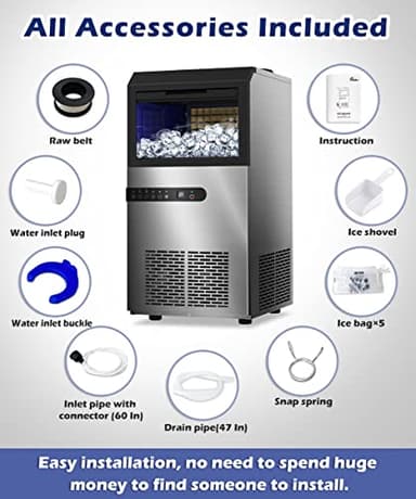 Commercial Ice Maker Machine, 100LBS/24H Stainless Steel Under Counter Ice Maker with 45 Ice Cubes, 2 Water Inlet Modes, Self Clean, 24H Timer, Freestanding Ice Machine for Home, Bar, Restraunt, Party - Image 8