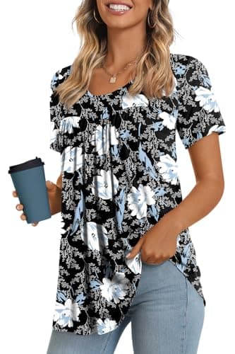 LONGYUAN Plus Size Short Sleeve Tunics Loose Fit Casual Tops for Women Summer Hide Belly Comfy Shirts Blouse Fl X-Large White Lily - Image 1