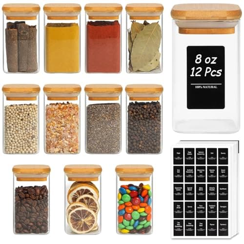 ComSaf 12Pcs Glass Spice Jars with Bamboo Lid, 8oz Airtight Square Containers with 275 Black Lables, Empty Seasoning Jars for Spice Salt Sugar - Image 1