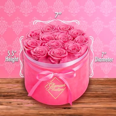 GLAMOUR BOUTIQUE Flower Forever Gift Box 12 Real Preserved Roses in Round Velvet White Box, Handmade, Rose Petals, Birthday, Marriage, Anniversary, Graduation - Velvet Pink - Image 8