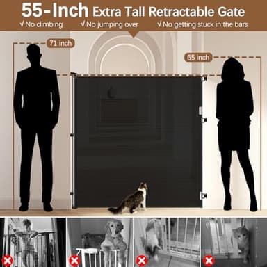 55" Extra Tall Cat Gate for Stairs - No Jump, 55" Wide Retractable Baby Gates Outdoor Retractable Gate Indoor Mesh Baby Gate Retractable Pet Gate, Extra Tall Pet Gate Tall Dog Gates for Doorways/Black - Image 2