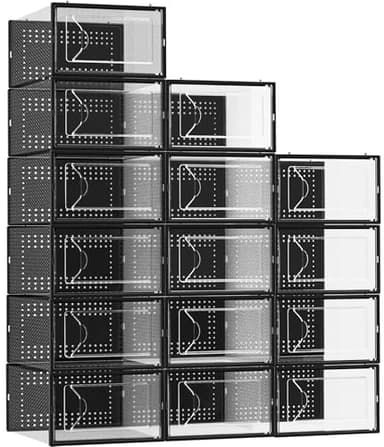 Foluck Shoe Storage Box, 15 Pack Clear Plastic Stackable Shoe Organizer for Closet, Interlocking Design for Sneakers, Foldable Shoes Container Rack with Lids, Black - Image 1
