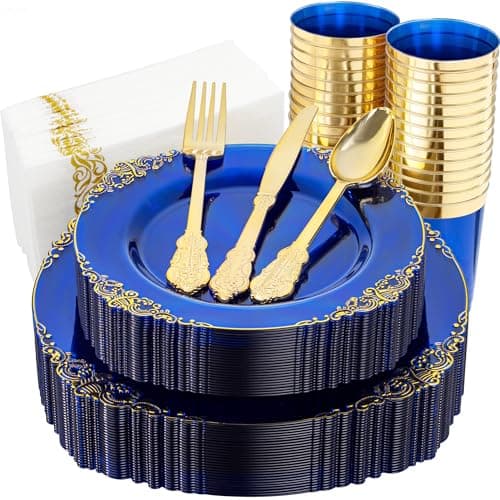 Nervure 175PCS Clear Blue Plastic Plates - Plastic Dinnerware Set Include 25Dinner Plates, 25Dessert Plates, 25Cups, 25Forks, 25Knives, 25Spoons, 25Napkins Perfect for Wedding & Party - Image 1