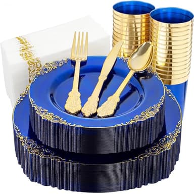 Nervure 175PCS Clear Blue Plastic Plates - Plastic Dinnerware Set Include 25Dinner Plates, 25Dessert Plates, 25Cups, 25Forks, 25Knives, 25Spoons, 25Napkins Perfect for Wedding & Party - Image 1