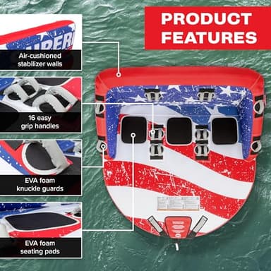 Airhead Super Mable 3-Person Towable Tube for Boating – Inflatable Boat Tube with Dual Tow Points, Cushioned Walls, 16 Handles, Foam Seat Pads & Full Nylon Cover – USA Stars & Stripes Pattern​ - Image 4