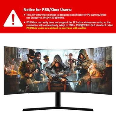 Gawfolk 34 Inch Ultrawide Curved 180Hz Gaming Computer Monitor 1000R PC screen 21:9 UWQHD (3440x1440) ,1ms,100%sRGB,Adaptive Sync,Display Port、HDMI,Liftable Stand,Wall Mount Compatible 75*75mm-Black - Image 2