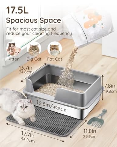 Papettly Stainless Steel Litter Box - Cat Metal Litter Box with Splash-Proof Lid, Easy Cleaning & Odor-Less with Double Layer Litter Mat, Litter Scoop, Brush, 20” x14” - Image 4