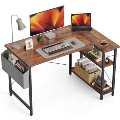 CubiCubi L Shaped Desk, 47 Inch Computer Desk with Reversible Storage Shelves Home Office Corner Desk Study Writing Table, Deep Brown - Image 1
