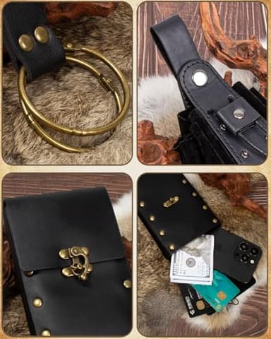 Cellphone Holder Retro Belt Pouch Waist Bag Fanny Pack Steampunk Medieval Renaissance Purse Halloween Costume Accessory (2Pouch-Black) - Image 2