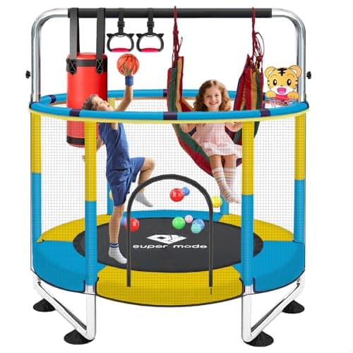 Trampoline for Kids, 5FT Adjustable for Toddler, Indoor/Outdoor Baby Trampoline with Enclosure Net, No-Gap Safe Design, Gifts for Boys & Girls (Yellow&Blue) - Image 1