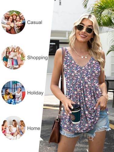 Women Tank Tops 2025 Summer Sleeveless Blouses V Neck Casual Loose Fit Flowy Shirts Black Purple Flowers 2X - Image 4