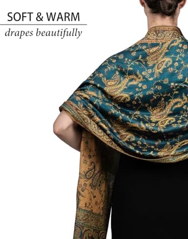 Achillea Soft Silky Reversible Paisley Pashmina Shawl Wrap Scarf w/Fringes (Dark Seagreen) - Image 6