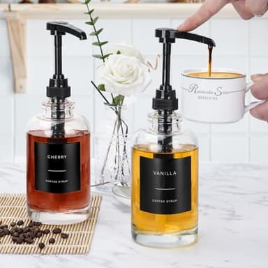 Coffee Syrup Dispenser for Coffee Bar, Glass Syrup Dispenser with Pump, Coffee Syrup Pump Dispenser Bottle with Tray, Spoon for Coffee Station, Coffee Bar Organizer, Black,16.9 oz, 500 ml - Image 7