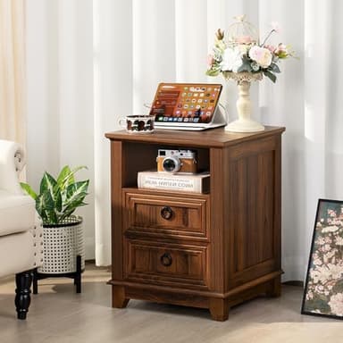 18" Farmhouse Night Stands Set of 2 with Charging Station, 2 Drawers End Table Dresser for Bedroom, Brown Wooden Nightstand, Bed Side Table with Open Shelf, Bedside Cabinet for Living Room - Image 4