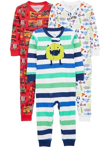 Simple Joys by Carter's Baby Boys' 3-Pack Snug Fit Footless Cotton Pajamas, Red Firetruck/White Monster/Sharks, 6-9 Months - Image 1