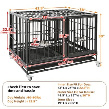 Homey Pet 43 Inch Dog Crate, Heavy Duty Stackable Dog Crate Cage Kennel for Medium Dogs with Divider, Bowls, 3 Door, Removable Grid & Tray, 4 Lockable Wheels, Breeding & Grooming Drop Cages for Dogs - Image 7