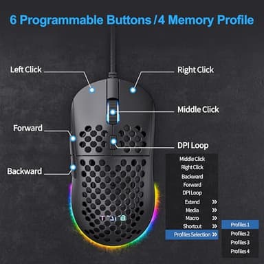 TMKB Falcon M1SE Ultralight Honeycomb Gaming Mouse, High-Precision 12800DPI Optical Sensor, 6 Programmable Buttons, Customizable RGB, Drag-Free Paracord, Ergonomic Wired Gaming Mouse - Matte Black - Image 3