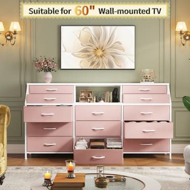 Romorgniz 55" W Pink Dresser for Bedroom with Deep Fabric Drawers, Long Chests of Drawers with 2 Open Wooden Shelves, Large Vanity Dressers for Entryway, Dorm, Sturdy Metal Frame, Wood Top - Image 6