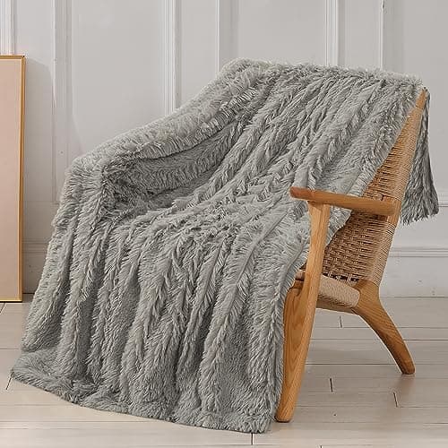 Tuddrom Decorative Extra Soft Fuzzy Faux Fur Throw Blanket 50" x 60",Solid Reversible Long Hair Shaggy Blanket,Fluffy Cozy Plush Comfy Microfiber Fleece Blankets for Couch Sofa Bedroom,Quiet Grey - Image 1