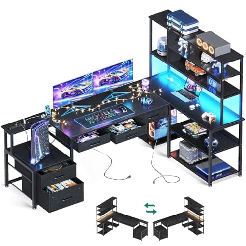 AODK 79 inch L Shaped Desk with 5 Drawers, Reversible L Shaped Gaming Desk with LED Light & 2 Power Outlets, Computer Desk with Storage Shelves for Home Office, Black - Image 1