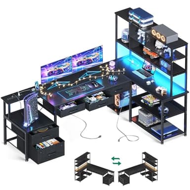 AODK 79 inch L Shaped Desk with 5 Drawers, Reversible L Shaped Gaming Desk with LED Light & 2 Power Outlets, Computer Desk with Storage Shelves for Home Office, Black - Image 1