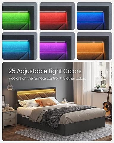 VASAGLE LED Bed Frame Queen Size, Queen Bed with Headboard and 4 Drawers, 1 USB Port and 1 Type C Port, Adjustable Upholstered Headboard 36.7/39.3 Inches, No Box Spring Needed, Dark Gray URMB821G71 - Image 3