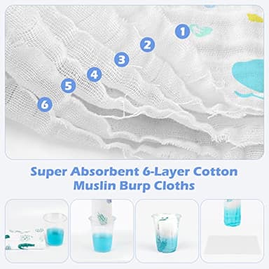 Maliton Muslin Baby Burp Cloths 6 Pack Large 20''x10'' 100% Cotton Burp Rags Absorbent and Soft 6 Layers Muslin Cloth Baby Essentials for Newborn(Animals and Cars, Pack of 6) - Image 4