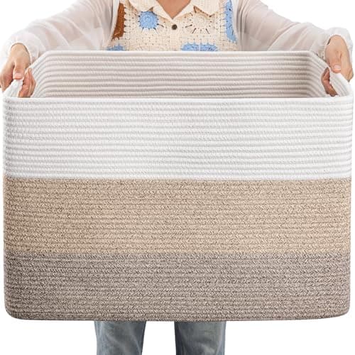 OIAHOMY 108L Large Cotton Rope Basket, Rectangle Woven Baskets for Storage, Nursery Blanket Storage Living Room, Toy Basket With Handle-25”x16”x16”-Gradient Yellow - Image 1