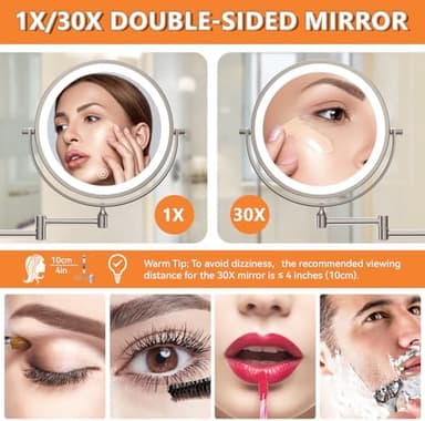 Auxmir 1X/30X Wall Mounted Lighted Makeup Mirror, 8" 3200 mAh Rechargeable Double-Sided Magnifying Mirror, Touch Dimmable 3 Color Lights, 360° Rotating Foldable 14.5" Extension Arm, Brushed Nickel - Image 5