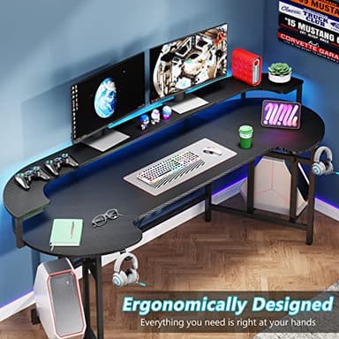 Tribesigns 75 Inch Gaming Desk with Monitor Shelf, Large PC Computer Desk with LED Lights, Gaming Table Gamer Desk for Bedroom, Home Office, Black - Image 6