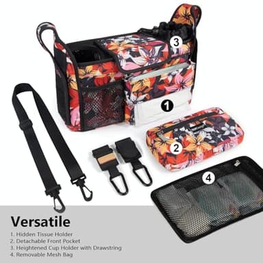 TOPDesign Universal Baby Stroller Organizer, Stroller Caddy with Detachable Mesh Bag & Heightened Insulated Cup Holders & Non-Slip Secure Hooks Accessories, Fits Most Strollers (Five Petal Flower) - Image 2