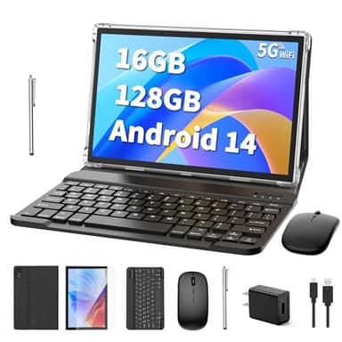 Android 14 Tablet, 10 inch Tablet with Keyboard, 16GB+128GB, 1TB Expand, Octa-Core, 2.4G/5G WiFi, 8000mAh, BT V5.0, GMS Certified, IPS Touch Screen, GPS, with Case, Mouse, Stylus(Black) - Image 1