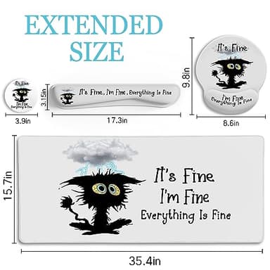 LIMKRIAN Desk Mat Set, Large Gaming Mouse Pad with Wrist Rest, Ergonomic Mouse Pad Keyboard Mat Wrist Support, Cup Coaster, Home Office Desk Accessories Decor Supplies, Funny Black Cat - Image 3