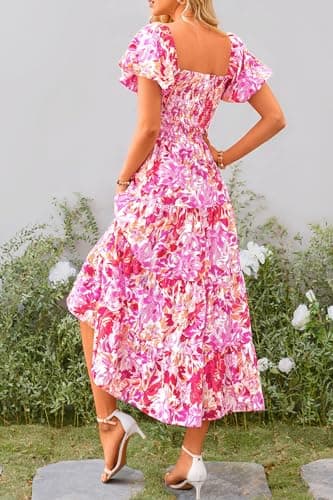 PRETTYGARDEN Women's Casual Summer Midi Dress Puffy Short Sleeve Square Neck Smocked Tiered Ruffle Dresses (Floral Rose Red,Medium) - Image 2