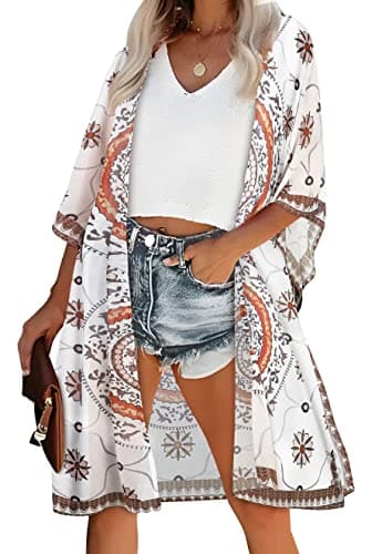 Beach Cover Ups for Swimwear Bohemain Women Kimono Open Front Cardigan Tops(02-Adeline Khaki),XL - Image 1