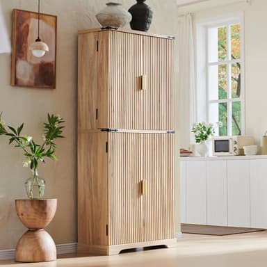 ACCOHOHO Fluted Pantry Cabinet, 72" Tall Modern Storage Cabinet with 4 Doors, Organizer, Drawer and Adjustable Shelves, Wood Cupboard for Kitchen, Dining Room, Living Room and Bathroom, Natural Oak - Image 1