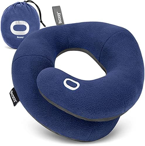 BCOZZY Travel Neck Pillow for Airplane – Patented Double Support for Head, Neck, and Chin. Best for Long Flights, Plane Sleeping, and Car Rides. Adjustable Size. Fully Washable. Carry Bag. Large, Navy - Image 1