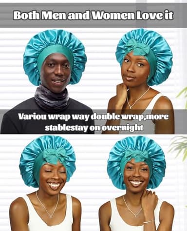 Satin Bonnet Silk Bonnet for Sleeping Silk Sleep Cap Double Layer Hair Bonnet with Elastic Tie Band for Curly Hair Night Cap (Peacock green+Wheat green) - Image 4