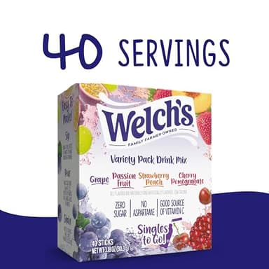 Welch's Singles To Go Variety Pack, Watertok Powdered Drink Mix, Includes 4 Flavors, Grape, Passion fruit, Strawberry Peach, Cherry Pomegranate, 1 Box (40 Servings) - Image 4
