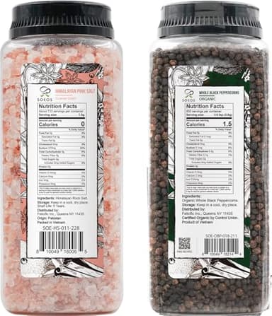 Soeos Himalayan Pink Salt Coarse 39 oz + Organic Black Peppercorns 18 oz, Salt for Grinder Refill, Salt and Peppercorns, Pepper Grinder Refill, Non-GMO Spice Seasoning Set For Cooking - Image 2